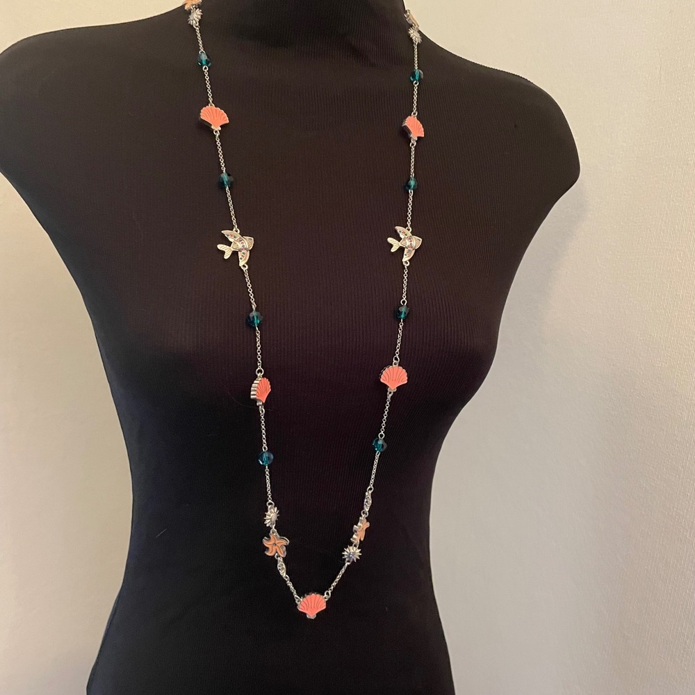 August Nautical Long Station Necklace‎ Silver Tone Coral Shell Fish Teal Crystal